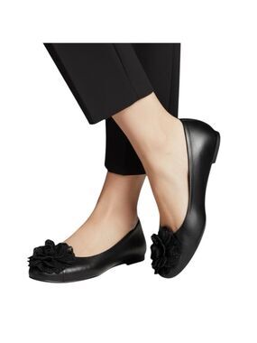 FRAU Vera Pelle Black Leather Ballet Flats Floral Appliqué Italy EU 37 / US 6.5